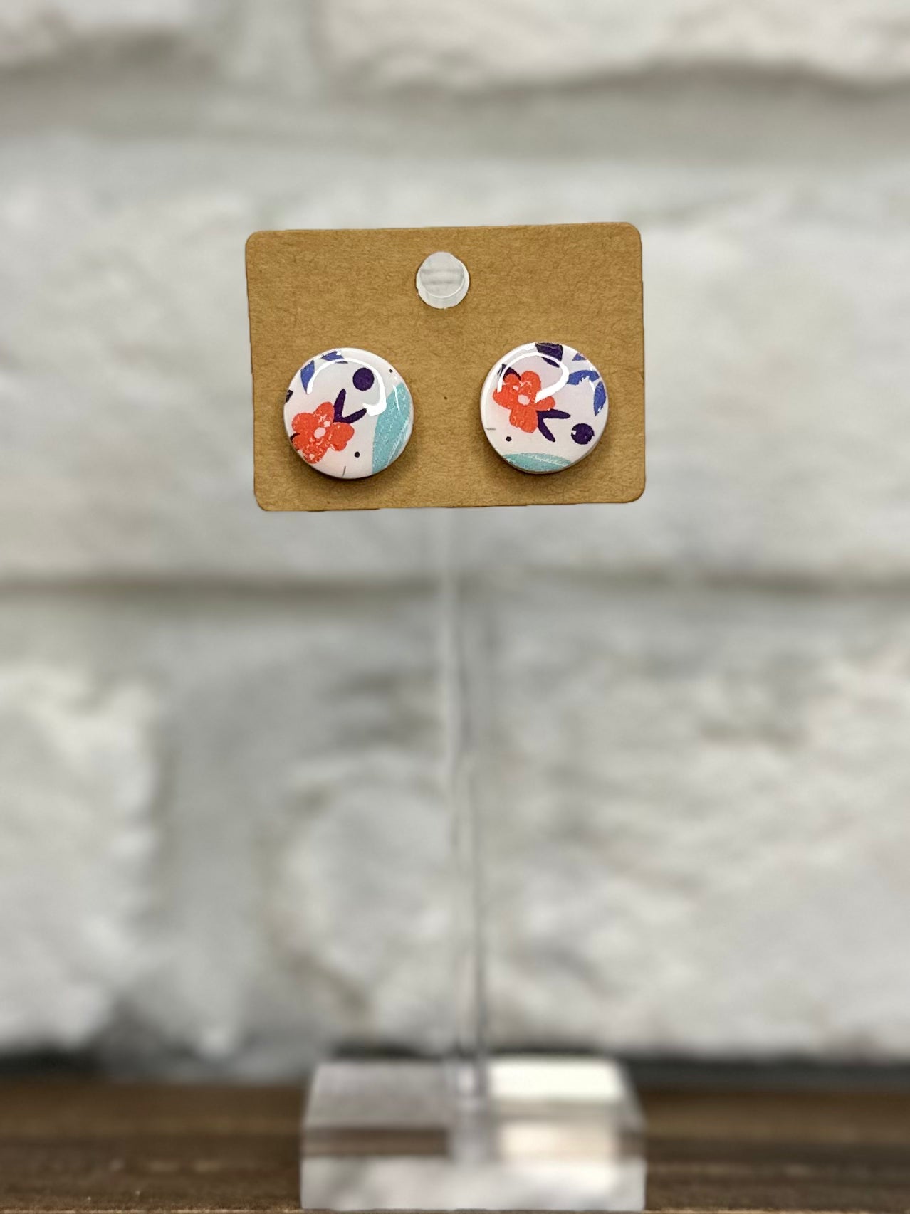 Floral coral & blue button stud