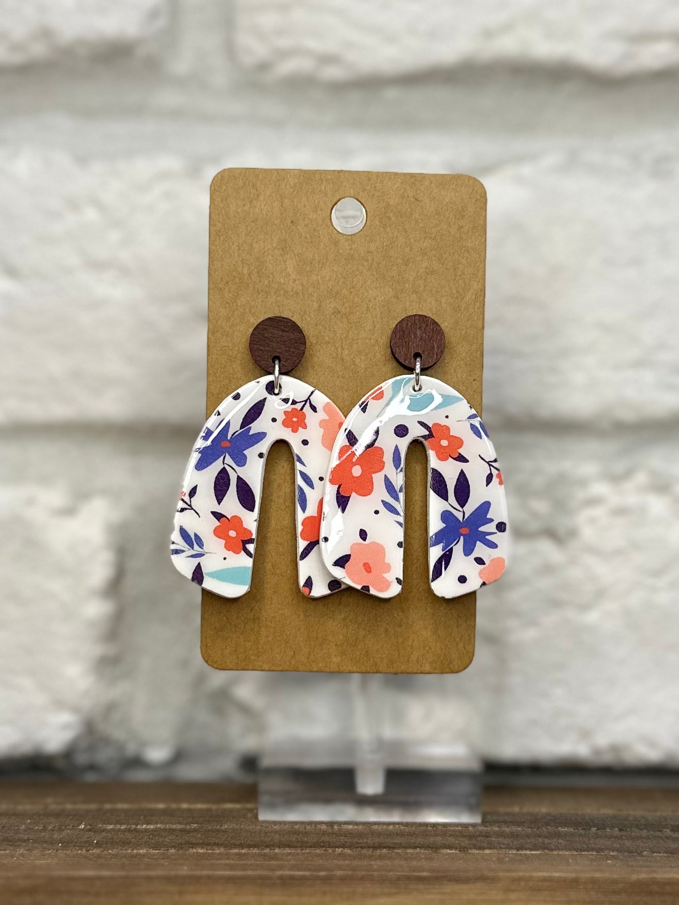 Floral coral & blue rainbow with wooden stud