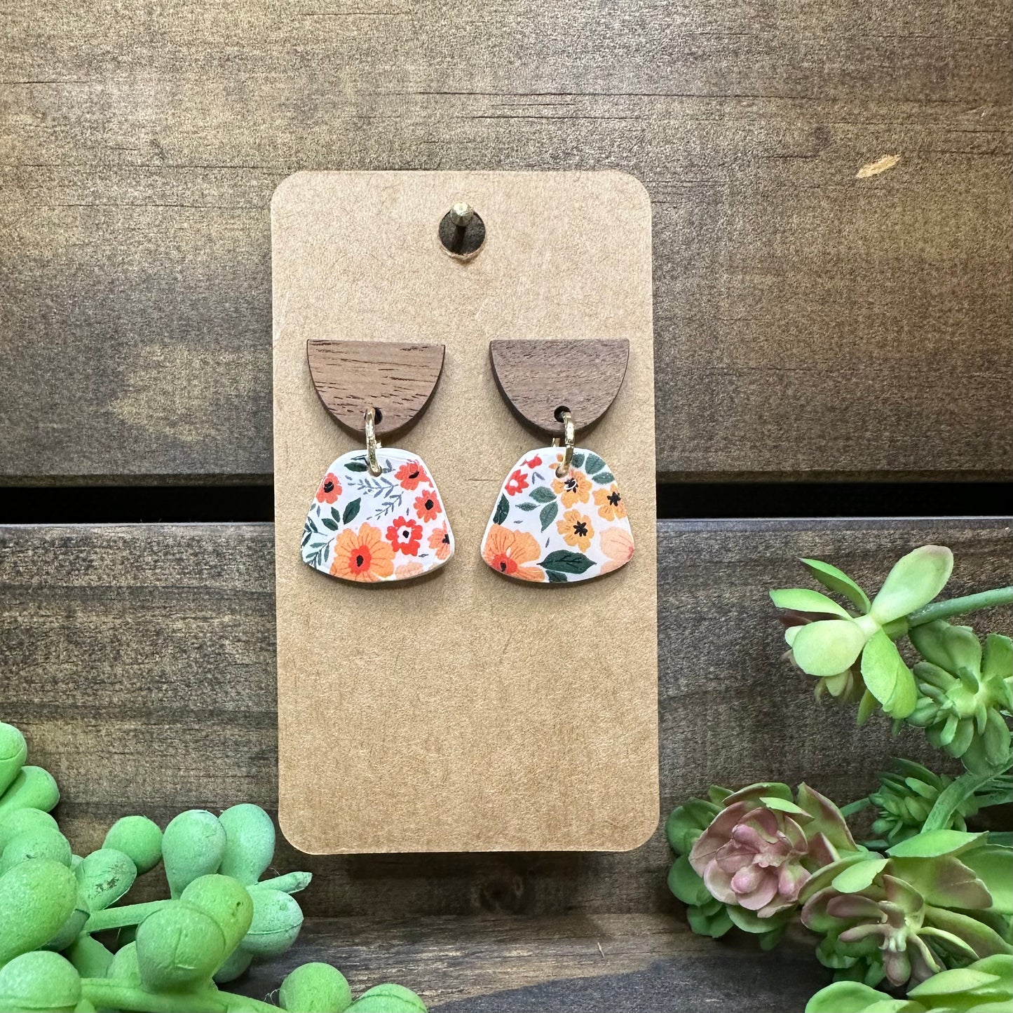 Peach floral with wooden half circle stud